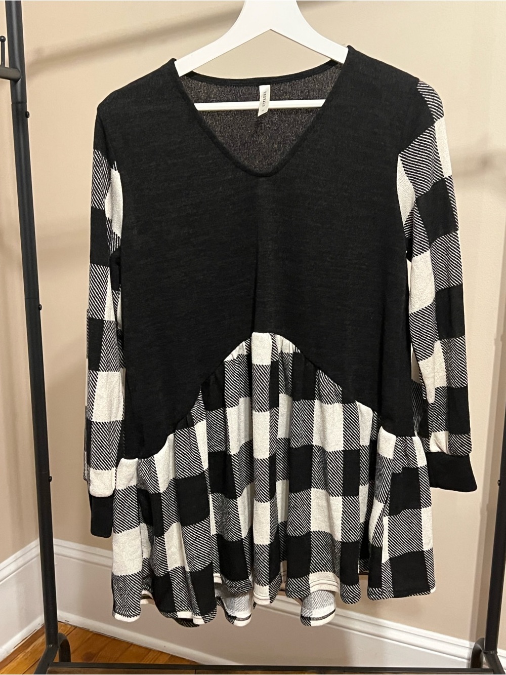 Emerald Black and White Buffalo Plaid V-Neck Tunic
